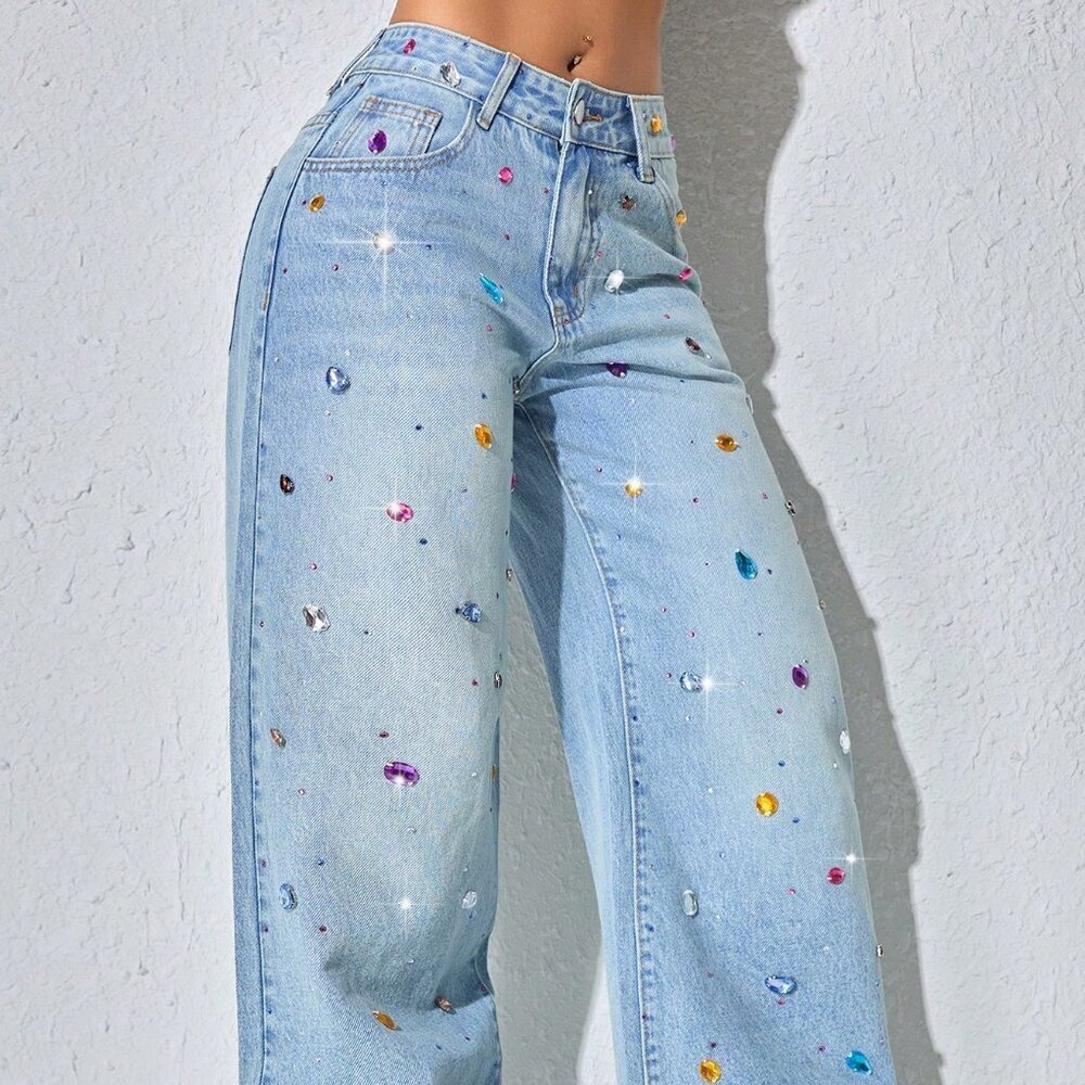 Blue Casual Women's Pearl Decor Low Waist Wide Leg Jeans With Slant Pockets - Picture 1 of 6